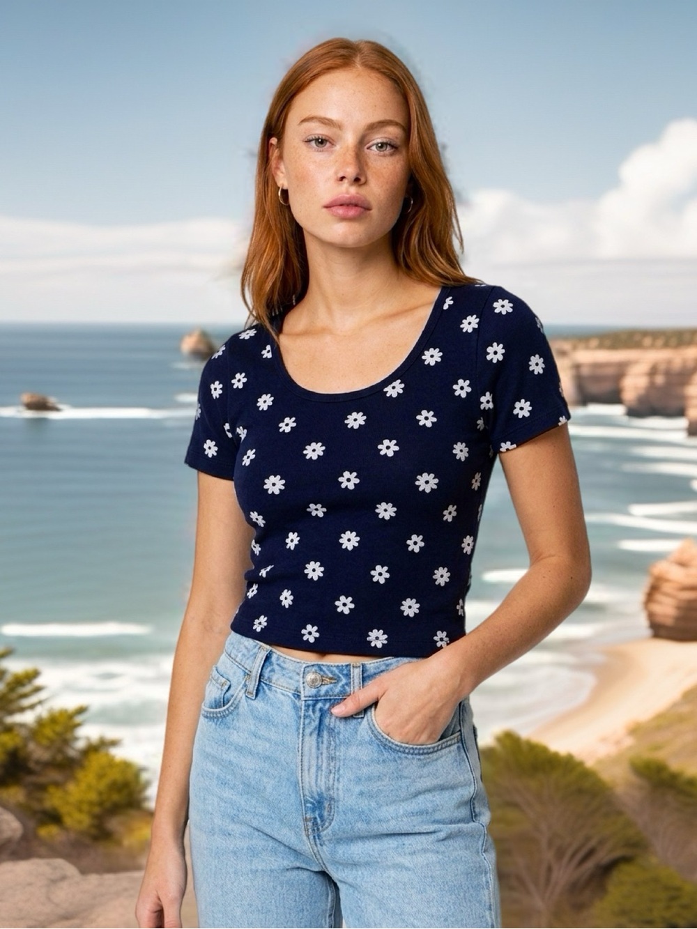 Black Floral Scoop Neck Crop Top